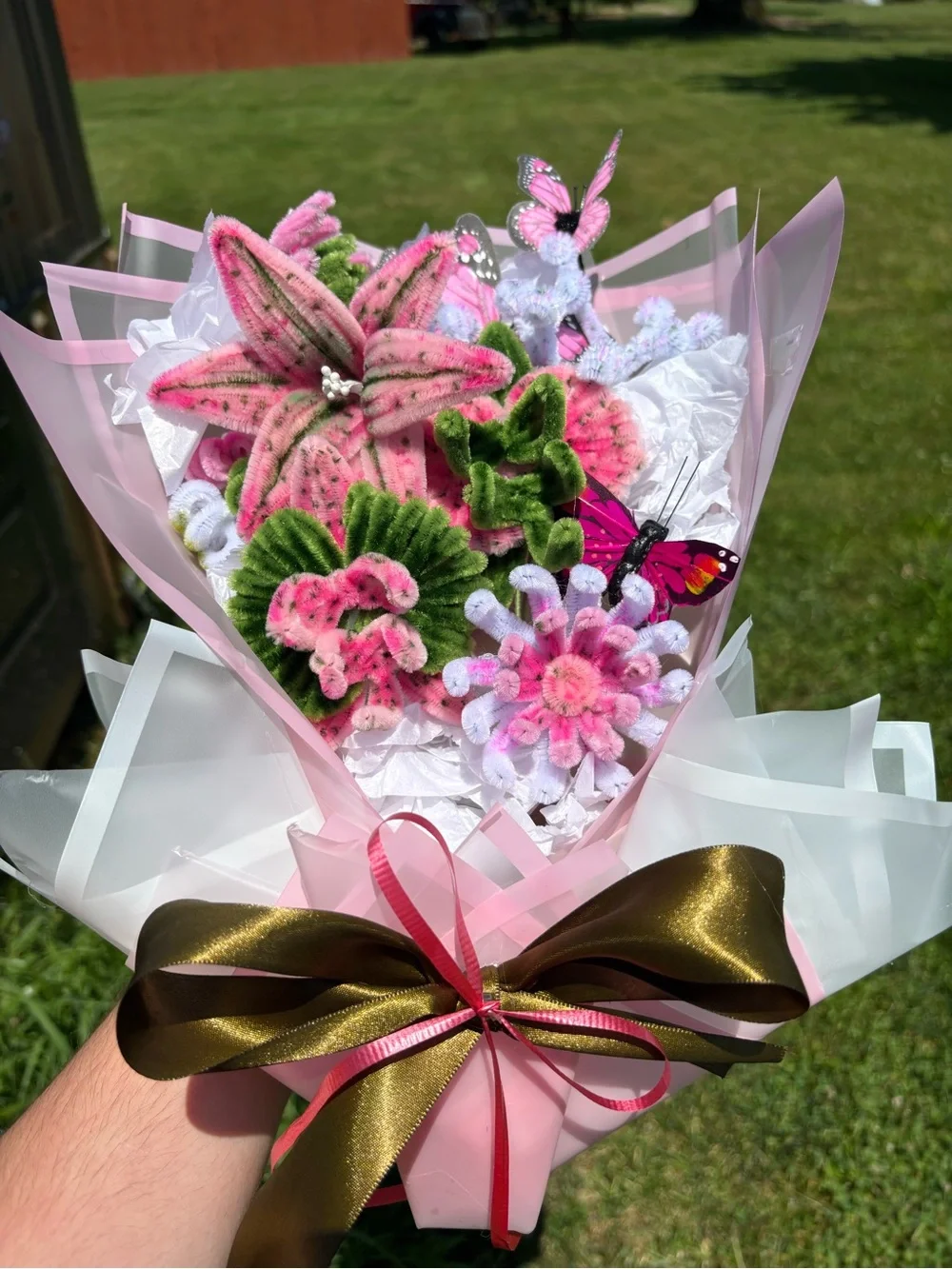 Handmade Pink & Green Felt Flower Bouquet